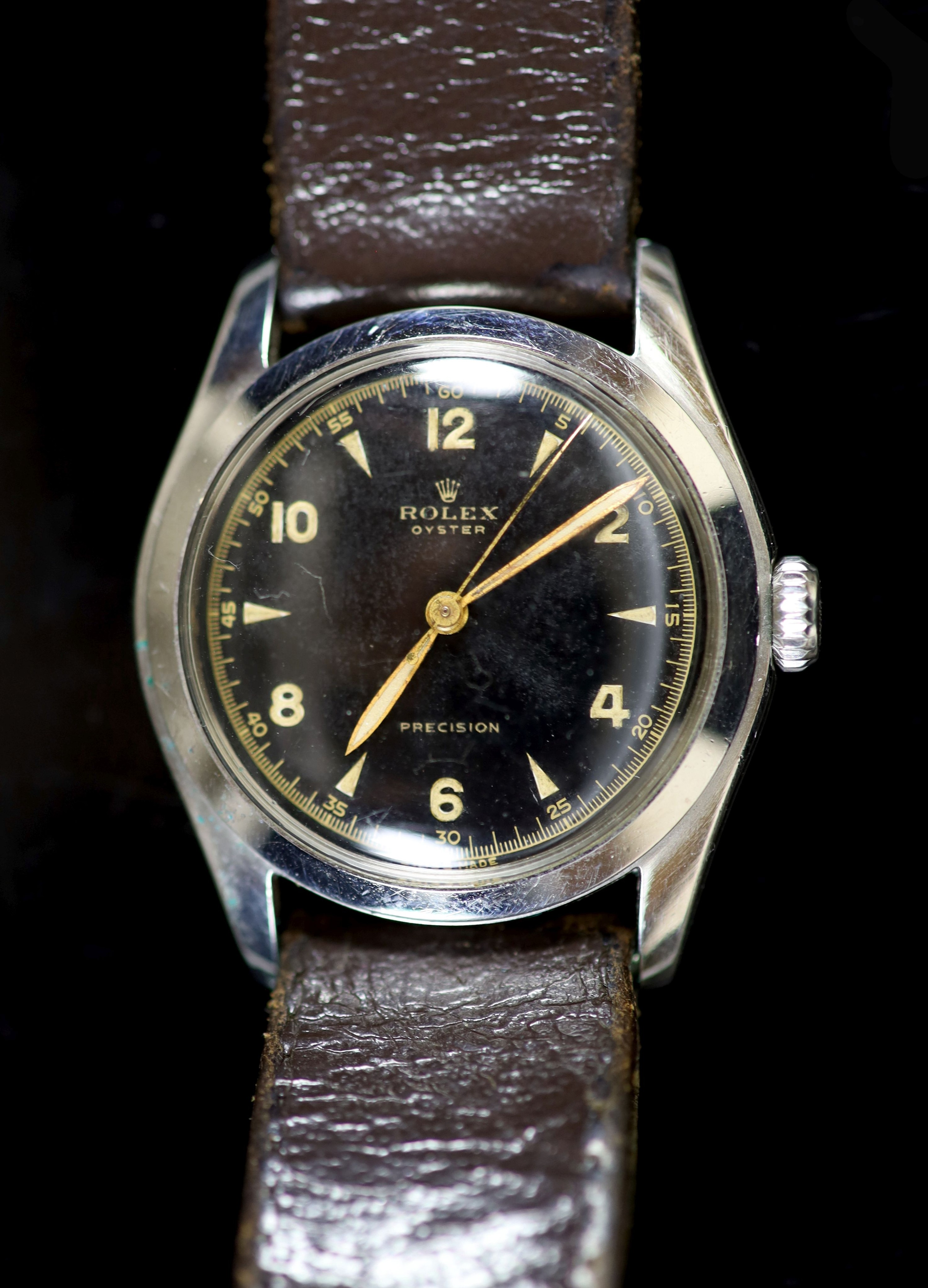 A gentleman's 1950's stainless steel Rolex Oyster precision manual wind wrist watch